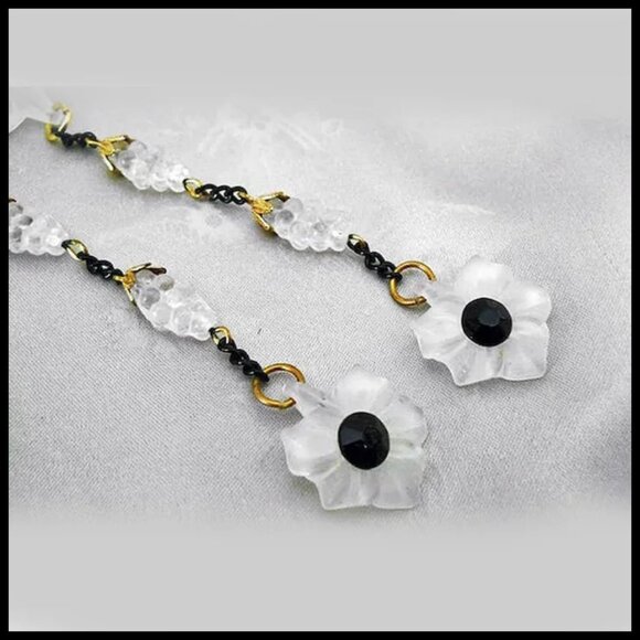 White & Black Earrings Long Dangles Lalique Look Lily, OOAK Recycled Vintag - Picture 5 of 11